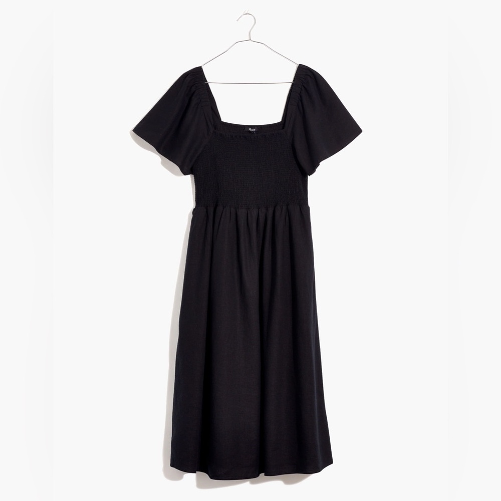 NWT Madewell Black Linen Blend Lucie Smocked Midi Dress Size XL